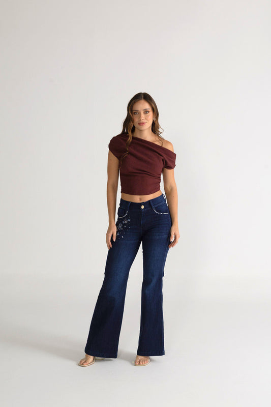 Jean semi campana con flor bordada - REF: 10291