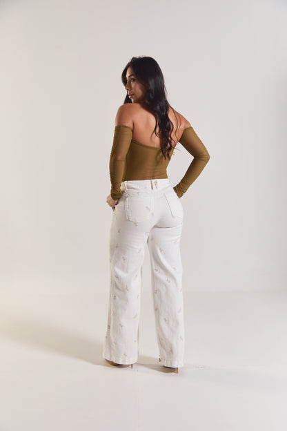 Pantalón con flores bordadas - REF: 10330