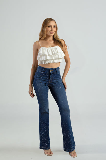 Jean semi bota campana con lentejuelas - REF: 10290