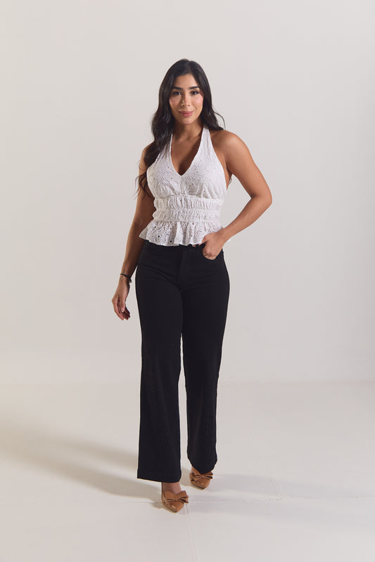 Pantalón con bordado floral en bota - REF: 10314