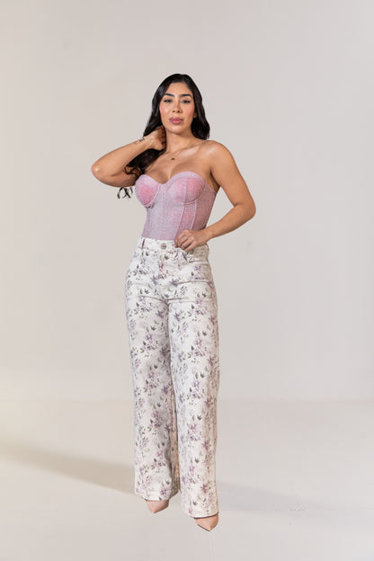 Jean wide leg beige con estampado floral para mujer, vista frontal - Forlux Jeans