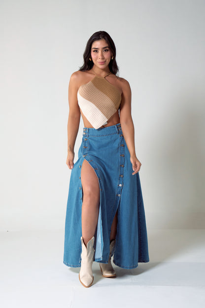 Falda larga en denim con abertura en botones laterales - REF: 10195