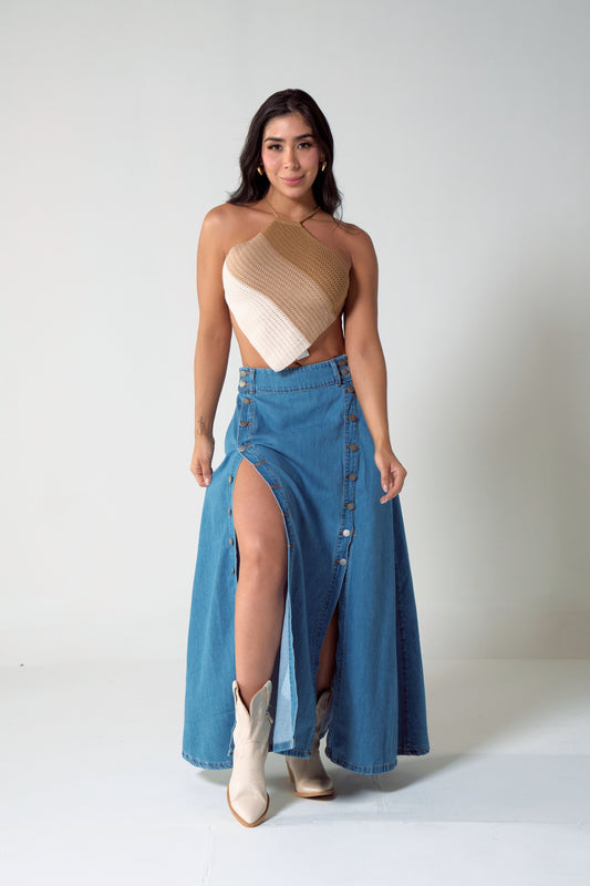 Falda larga en denim con abertura en botones laterales - REF: 10195