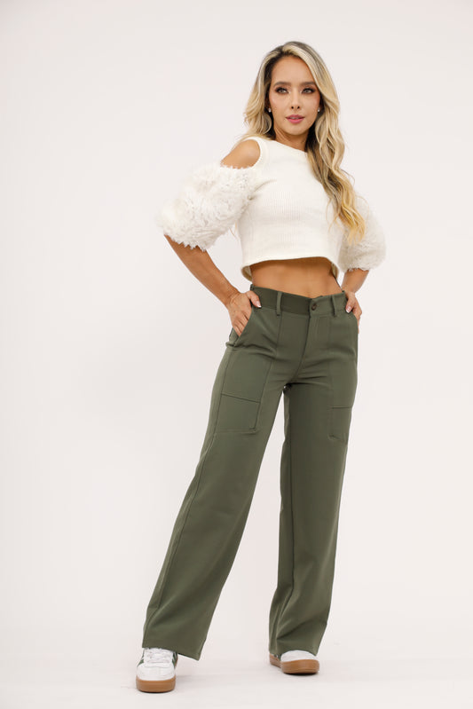 Pantalón Tipo Palazzo en Tono Verde Militar