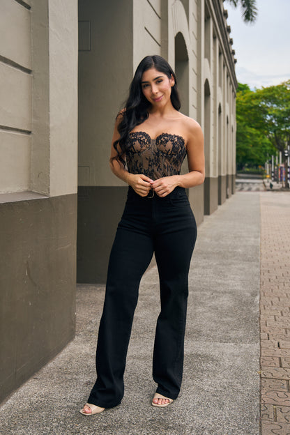 Jean wide leg tiro alto negro con cinturón - REF: 10435