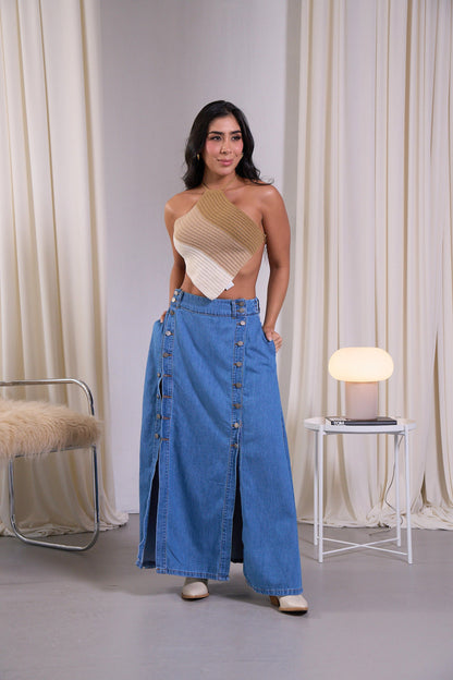 Falda larga en denim con abertura en botones laterales - REF: 10195